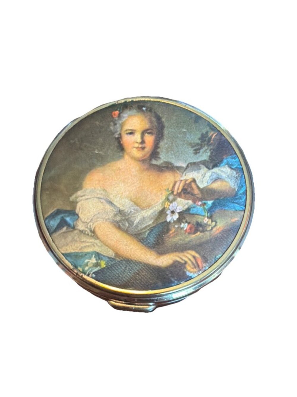 Vintage Brass Powder Compact With Elegant Lady Portrait Design On Lid